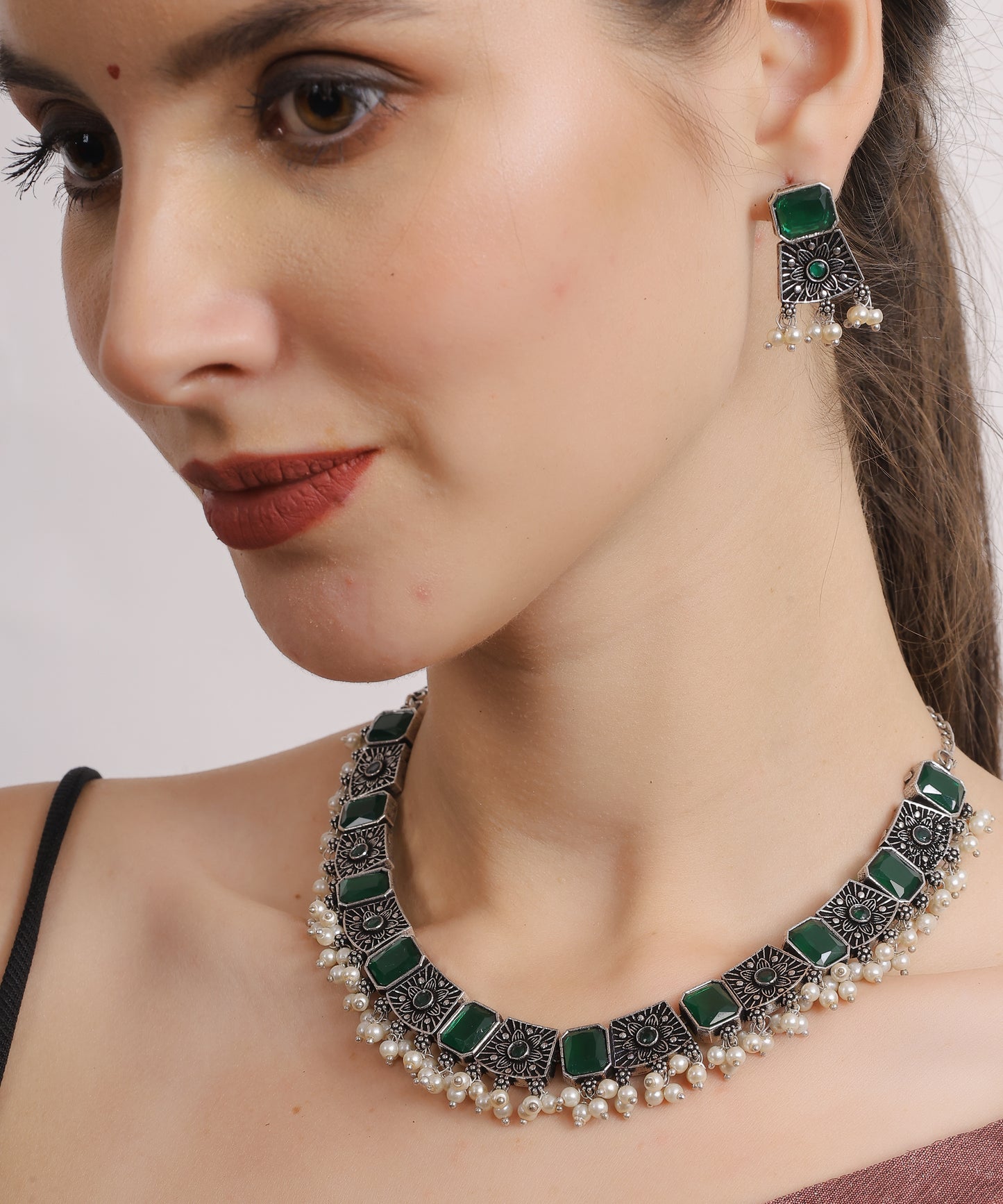 Pearl-Accented Green Stone Necklace