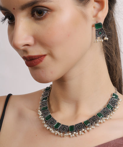 Pearl-Accented Green Stone Necklace