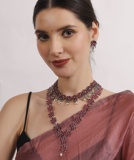 Oxidized Ruby Blossom Set