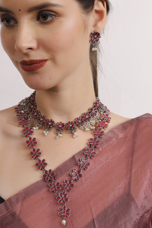 Oxidized Ruby Blossom Set