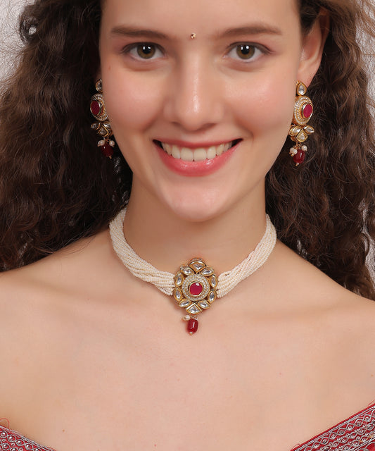 Ruby Kundan Pearl Choker Set