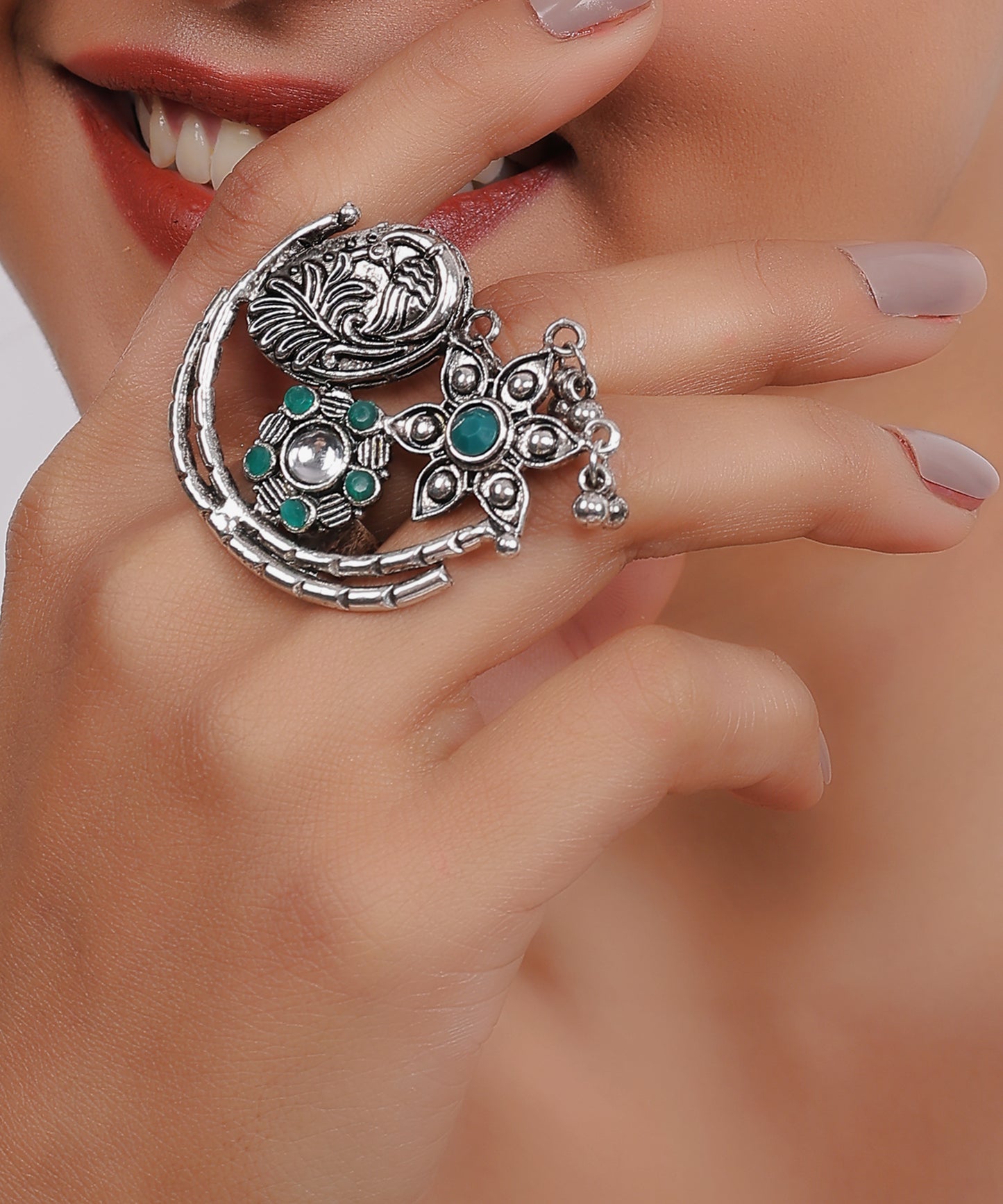 Crescent and Floral Statement Ring